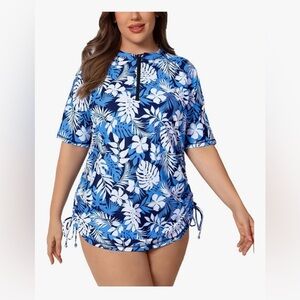 Women's Plus Size Rash Guard Swim Shirt with Tie Drawstring Half Zip Size 1X